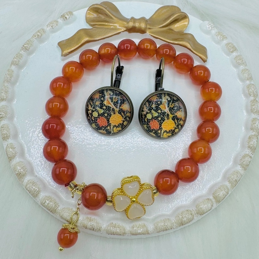 The Sierra Bracelet and Vintage Feel Floral Orange Print Earrings Bundle